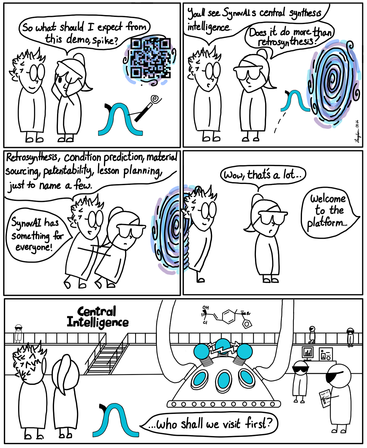 The SynovAI Chronicles, Season 1, strip 2 — Syndy and Spike in the lab.