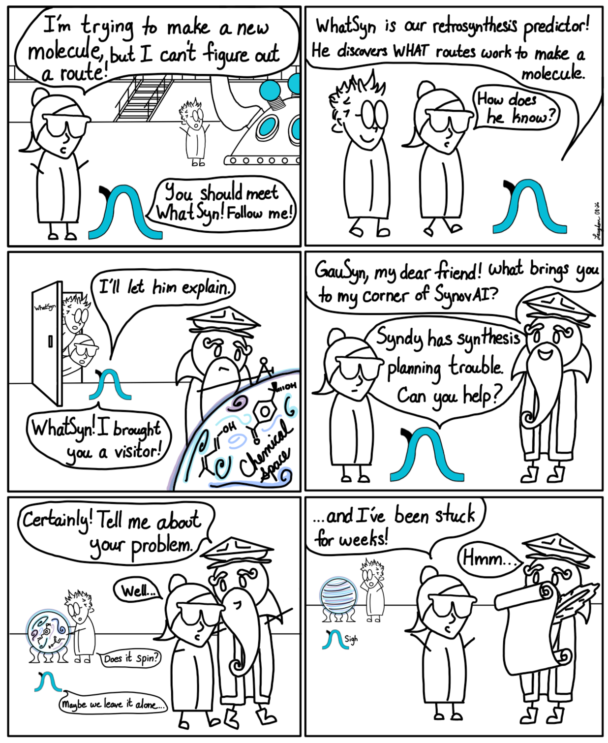 The SynovAI Chronicles, Season 1, strip 3 — Syndy and Spike in the lab.