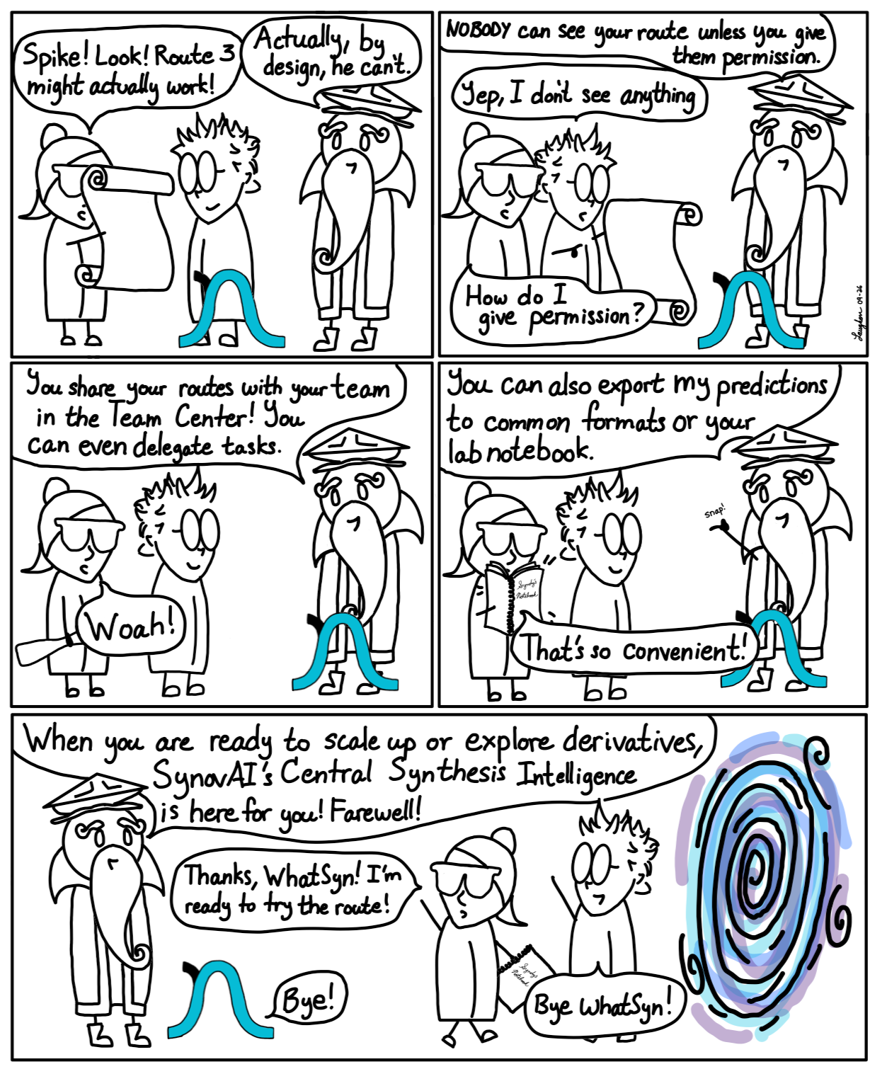 The SynovAI Chronicles, Season 1, strip 7 — Syndy and Spike in the lab.